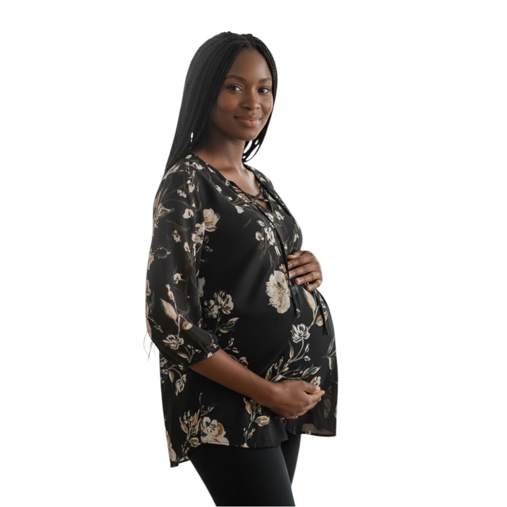 A Pea In The Pod Maternity Black with Floral Print Blouse size Small